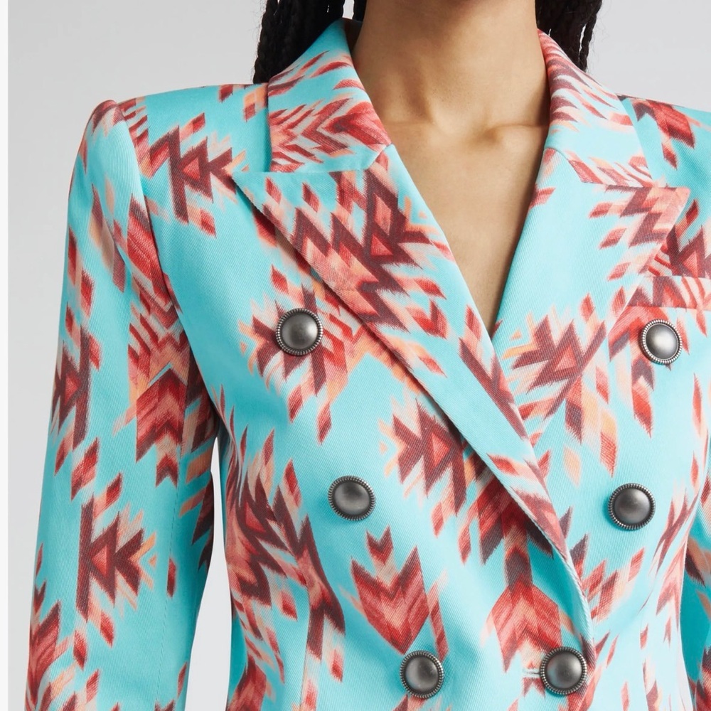 L'AGENCE Turquoise Blazer with Coral-Red Print